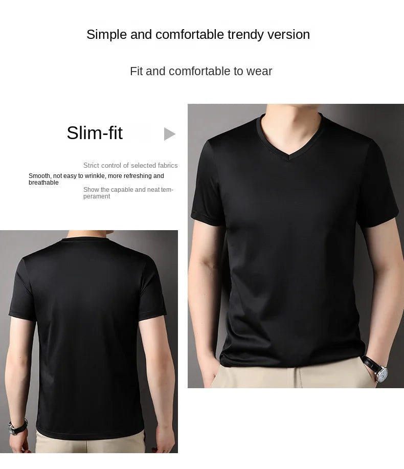 Top Grade 1.7% Mulberry Silk New Summer Brand Tops V Neck t Shirts For Men 2025 Short Sleeve Casual Fashion Mens Clothing