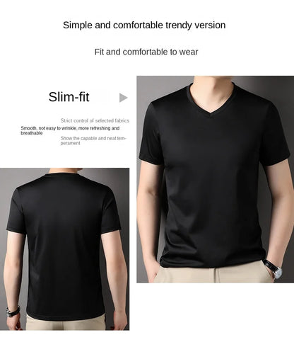Top Grade 1.7% Mulberry Silk New Summer Brand Tops V Neck t Shirts For Men 2025 Short Sleeve Casual Fashion Mens Clothing