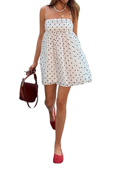 Women s Polka Dot Print Sleeveless Tie Strap A-Line Dress with Square Neckline Summer Mini Dress for a Chic Look
