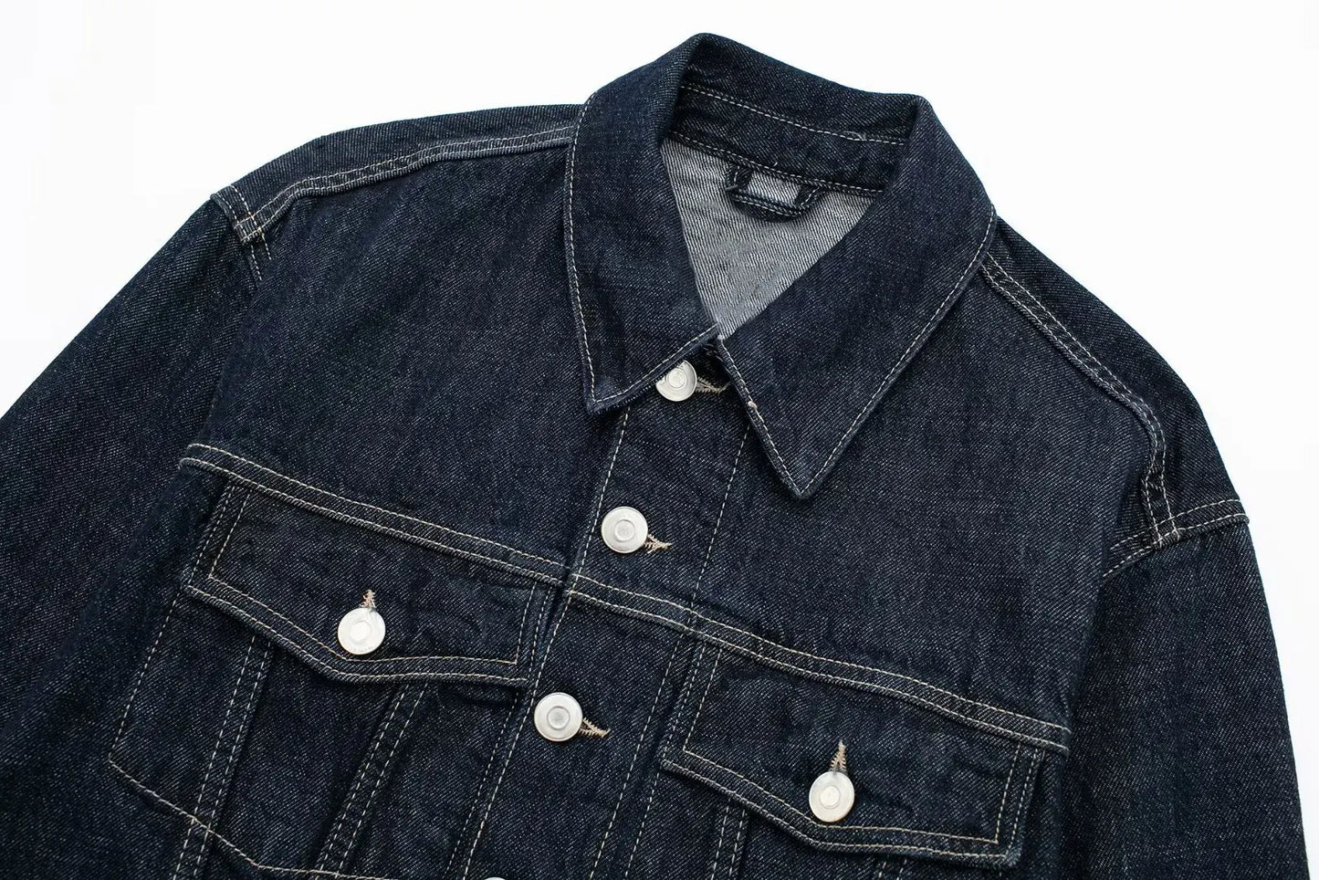 TRAFZA Women Vintage Denim Jacket Single Breasted Lapel Long Sleeve Coat With Pockets Dark Blue Denim Jacket Fashion High Street