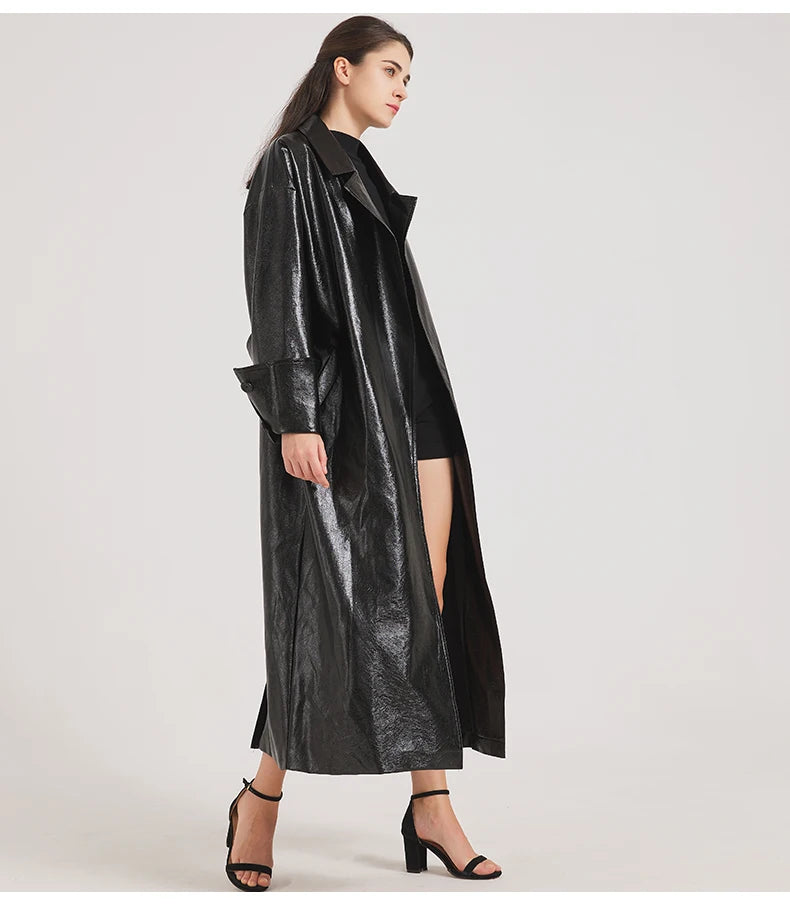 Lautaro Spring Autumn Extra Long Burgundy Pu Leather Trench Coat for Women with Belt Elegant Luxury Designer Maxi Overcoat 2024