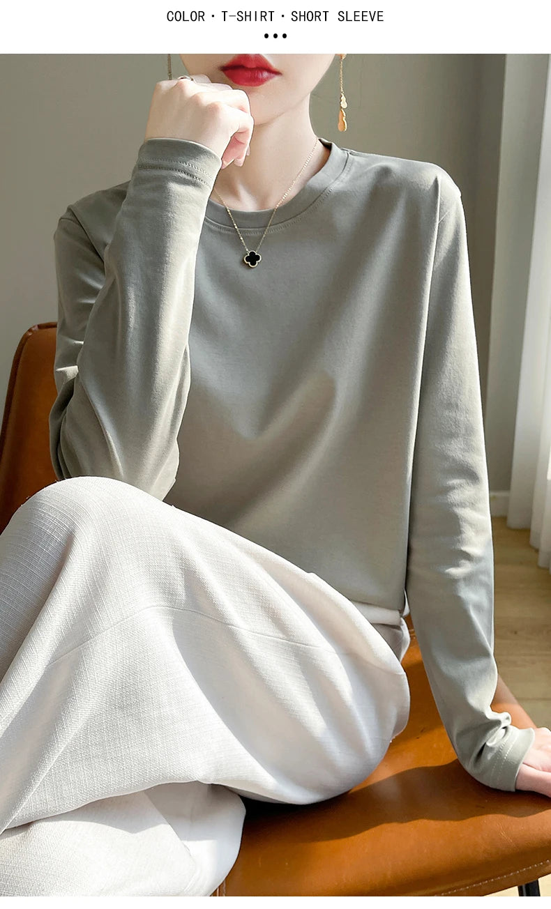 Spring Autumn 100% Cotton Long-Sleeved T-Shirt Women's Round Neck Mercerized Cotton Bottoming Shirt Loose Top