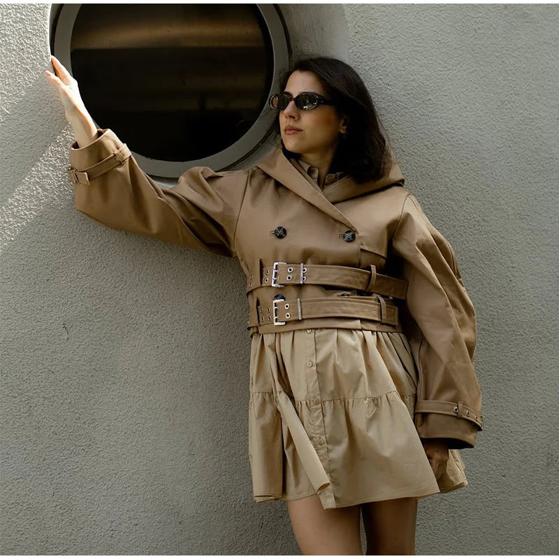 Double-Buckled Belted Hooded Trench Coat Oversized Long Sleeve Maxi 2025 Autumn Edgy Women Outerwear Fashion Trendy Lady Jacket