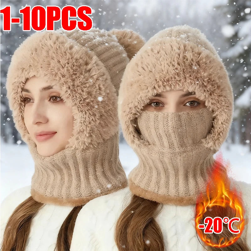 Thermal Fleece Knit Beanie with Ear Covers All-in-One Windproof Hood Neck Warmer Specifically for Bicycle Riders