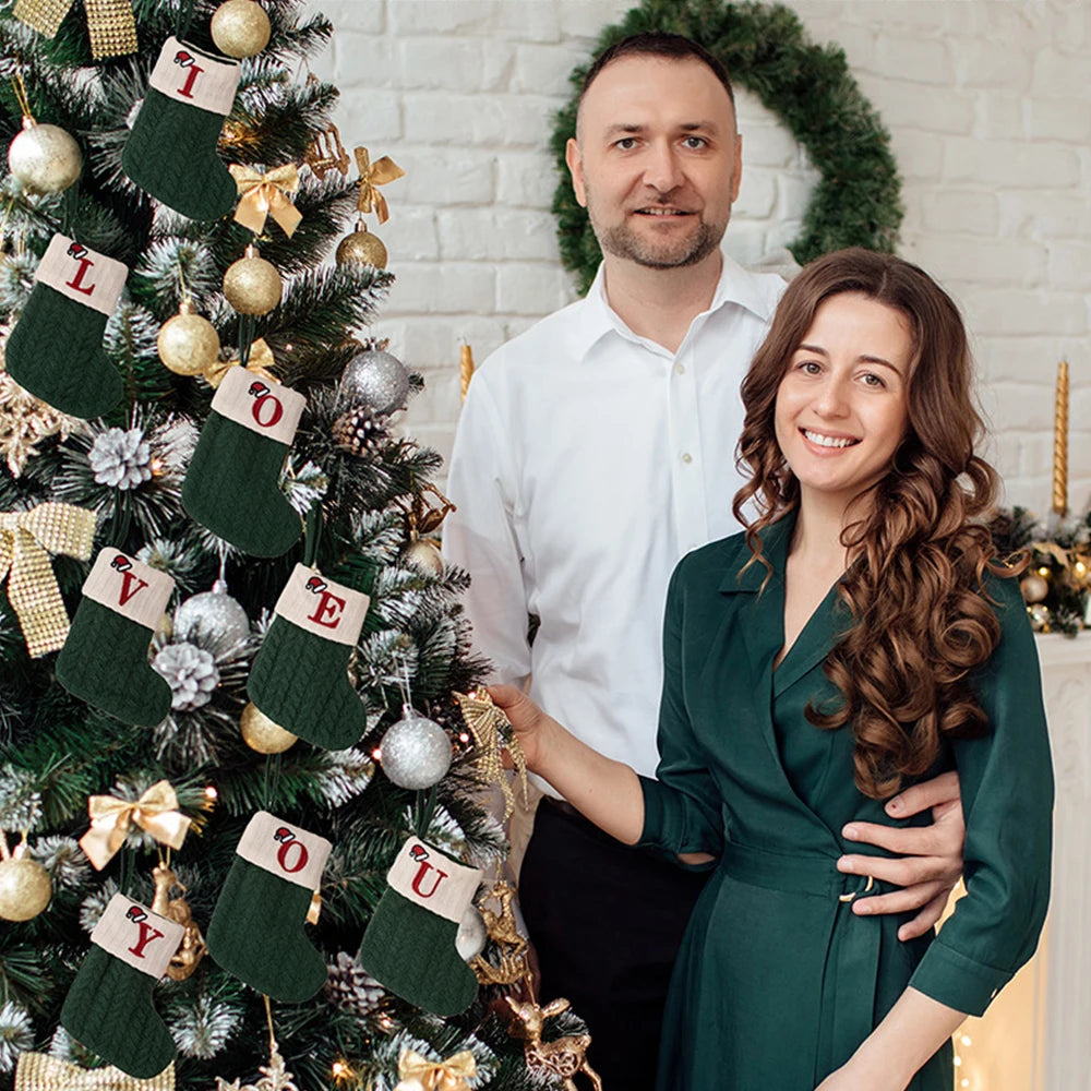 Green A-Z Letter Hanging Christmas Stockings Monogram Knitted Socks Fireplace Christmas Tree Hanging Party Decoration