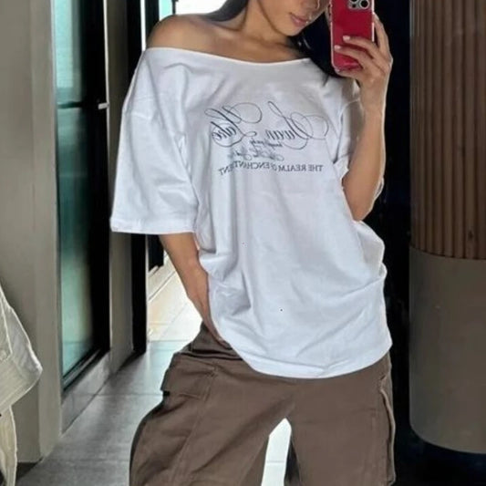 Casual Relax Woman T-shirt Letter 2025 Women Oversized One Shoulder Tops Versatile Street Atmosphere Style Fashionable Tops