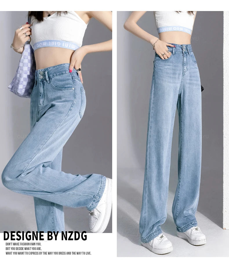 Summer Lyocell Thin Women's Wide-Leg Jeans High Waist Slimming Design High Street Mopping Trousers Loose Straight Pants Fashion