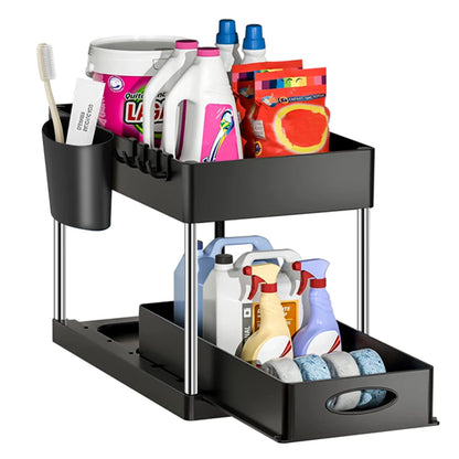 2-Tier Under Sink Organizer with Sliding Drawers & Hooks