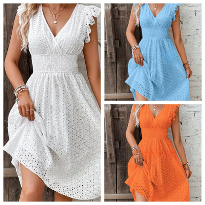 White Lace V-Neck A-Line Mini Dress – Elegant Summer Beachwear