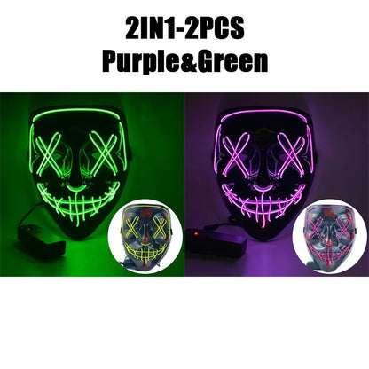 LED Halloween Mask Glow in The Dark Scary Terror Face Cover Bright Scream Light Up Costume for Men Carnival Party