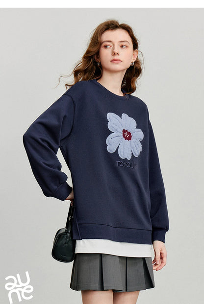 TOYOUTH Women Hoodies Sweatshirt 2025 Autumn New Plush Flower Printed Contrasting Color Splicing Fake Two Piece Cotton Pullover