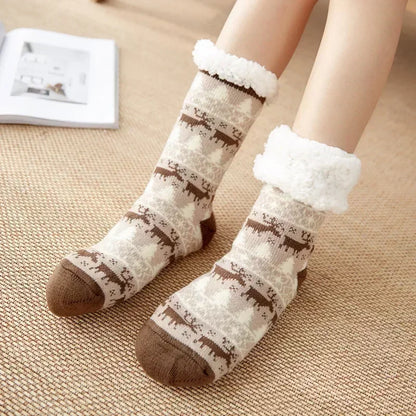 Fuzzy Fluffy Sock Women Winter Christmas Gift Warm Plush Non slip Home Sleeping Soft Female Floor Thermal Slipper Sock Snowflake