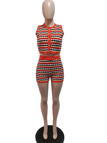 Beyprern Fashion Button Up Crochet Striped Crop Top And Matching Shorts Set Co Ord Sets For Women Knit Trakcksuits Sexy Clubwear