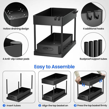 2-Tier Under Sink Organizer with Sliding Drawers & Hooks