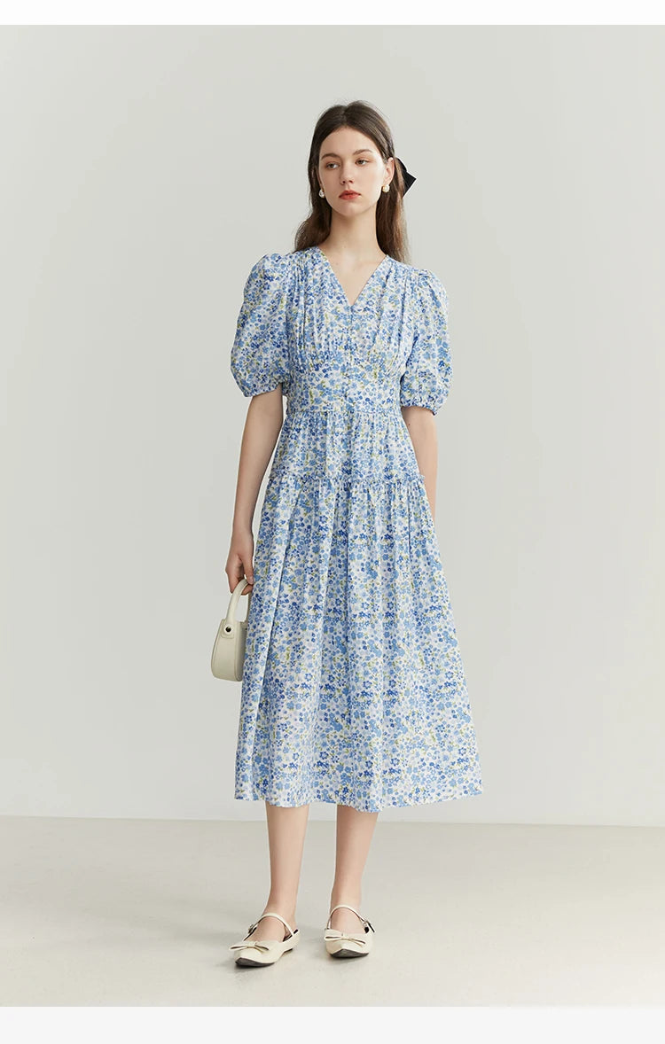 FSLE Blue Romantic Floral Dress Women Elegant Vintage High Waist V-neck Puff Sleeve Summer Printing Female Cotton Long Skirts