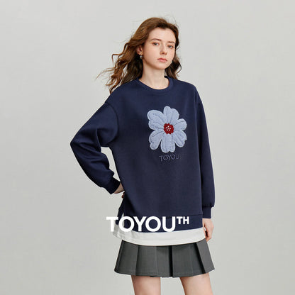 TOYOUTH Women Hoodies Sweatshirt 2025 Autumn New Plush Flower Printed Contrasting Color Splicing Fake Two Piece Cotton Pullover