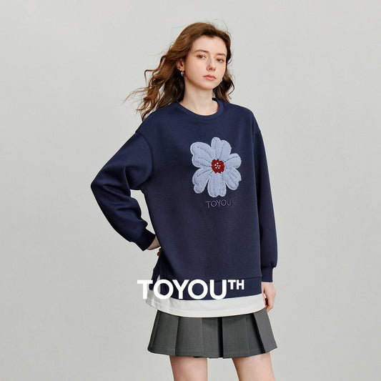 TOYOUTH Women Hoodies Sweatshirt 2025 Autumn New Plush Flower Printed Contrasting Color Splicing Fake Two Piece Cotton Pullover
