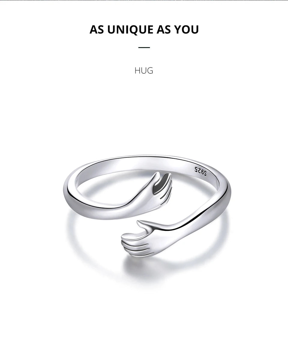 BAMOER 925 Sterling Silver Hug Open Ring Warmth and Love Hand Adjustable for Women Party Jewelry, His Big Loving Family Gift