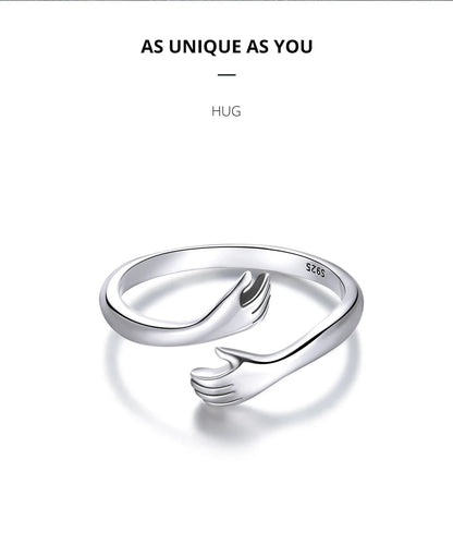 BAMOER 925 Sterling Silver Hug Open Ring Warmth and Love Hand Adjustable for Women Party Jewelry, His Big Loving Family Gift