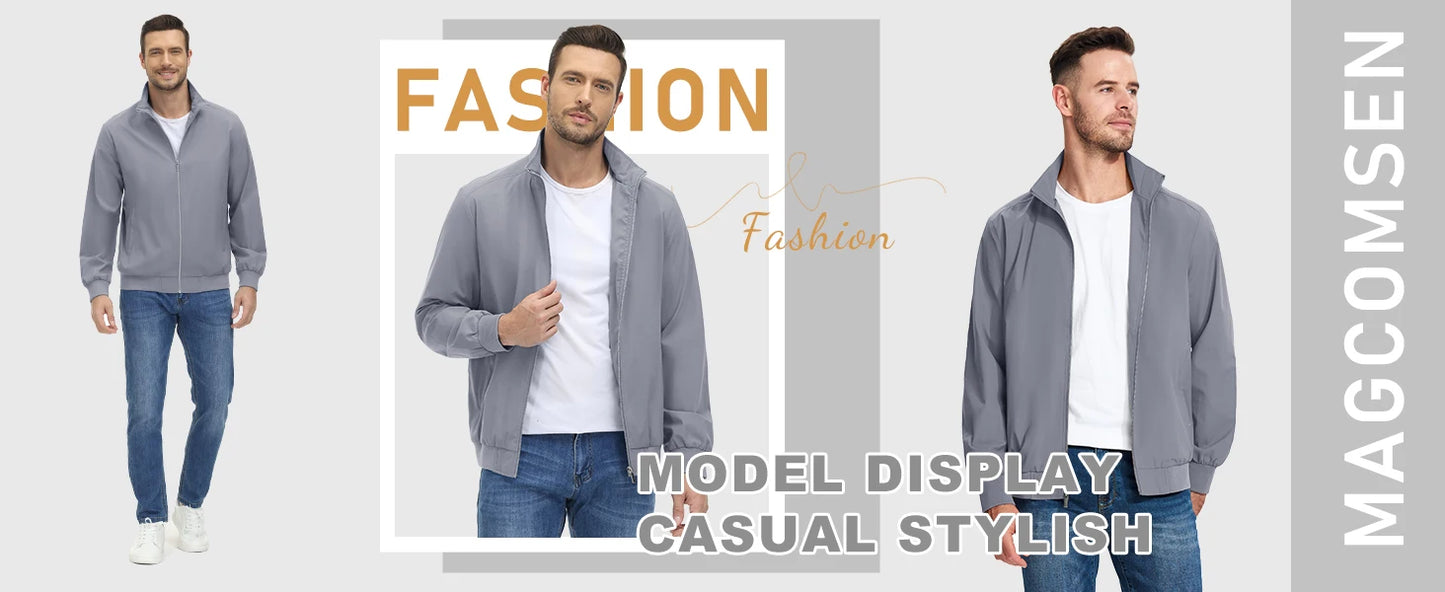 MAGCOMSEN Lightweight Jacket Men's Windproof Waterproof Zip Up Coat Stand Up Collar Windbreaker with 3 Pockets Outerwear