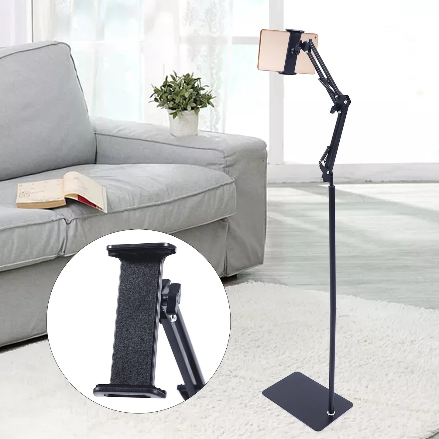 Adjustable Tablet Floor Stand 360° Swivel Height & Angle Adjustable Foldable Floor Holder Non-Slip Base for Home Office