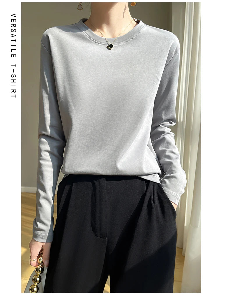 Spring Autumn 100% Cotton Long-Sleeved T-Shirt Women's Round Neck Mercerized Cotton Bottoming Shirt Loose Top