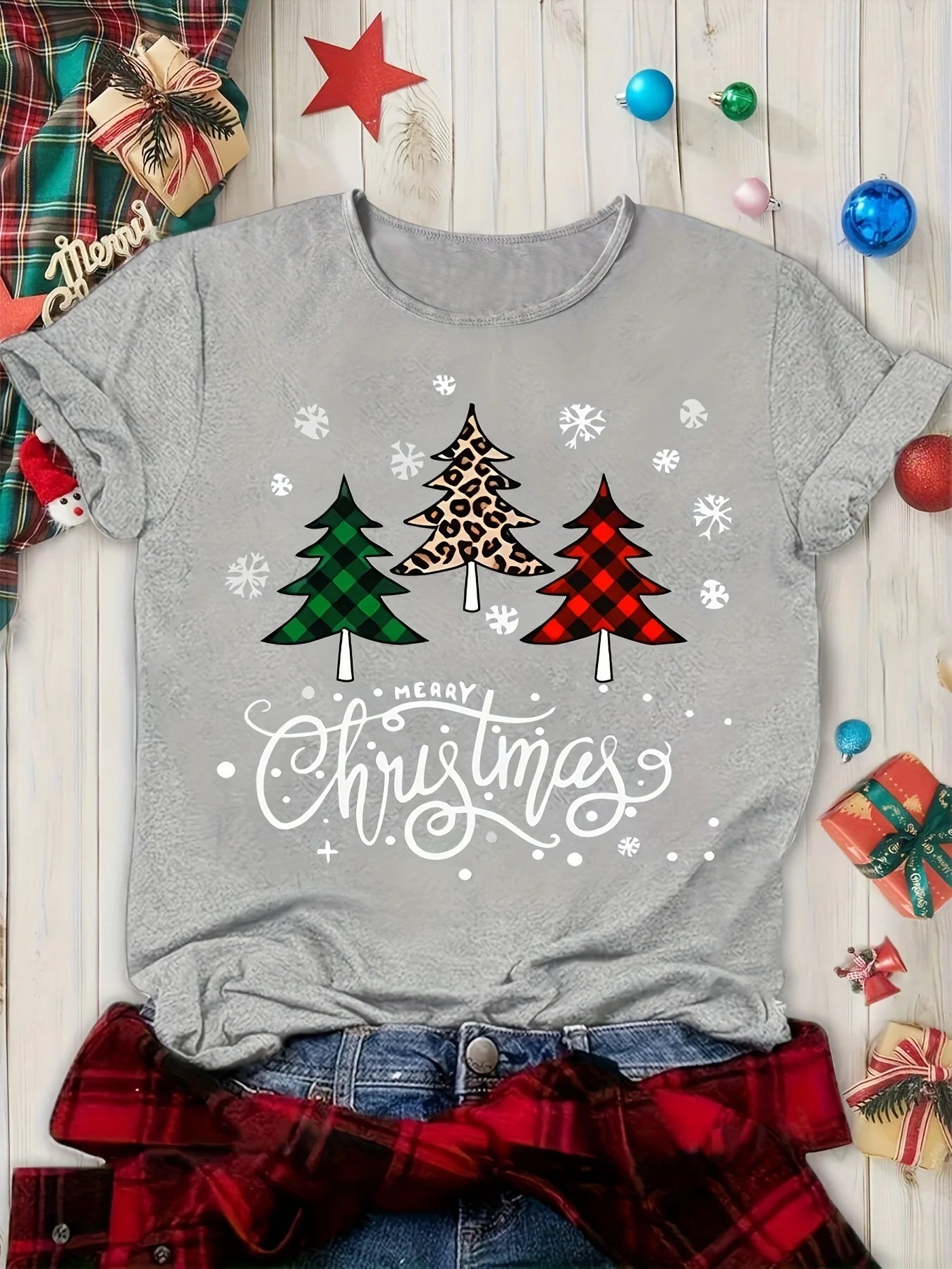 Women's Christmas Tree Print T-shirt Short Sleeve Round Neck Top for Summer Women's Clothing Harajuku Short Sleeve Casual