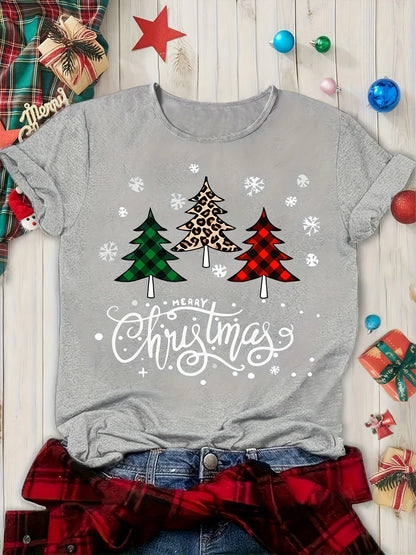 Women's Christmas Tree Print T-shirt Short Sleeve Round Neck Top for Summer Women's Clothing Harajuku Short Sleeve Casual