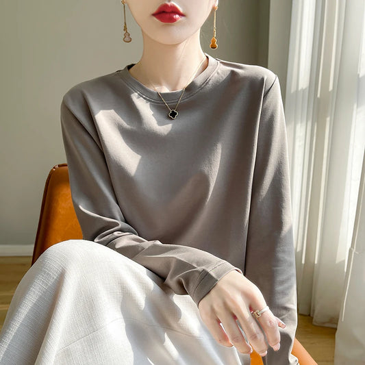 Spring Autumn 100% Cotton Long-Sleeved T-Shirt Women's Round Neck Mercerized Cotton Bottoming Shirt Loose Top
