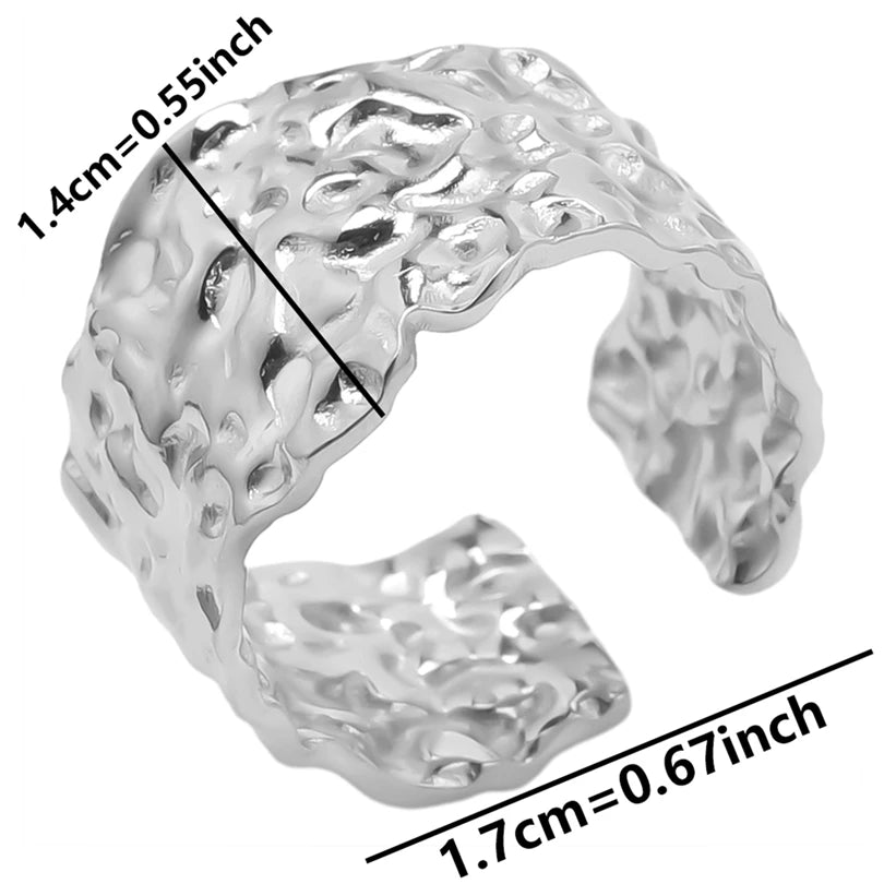 1Pc Stainless Steel Waterproof Women Personality Textured Chunky Open Rings Vintage Hollow Irregular Multi-layer Anillos Jewelry