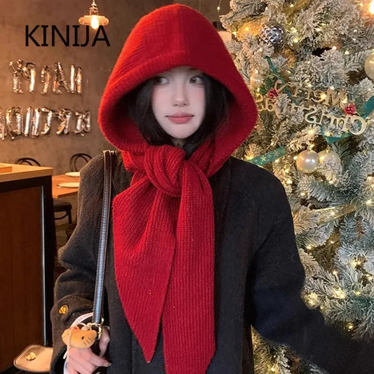 Korean Balaclava Bonnet Women Skullies Beanies Hat Scarf One-piece Thickened Warm Neck Protection Winter Accessories Knitted Law