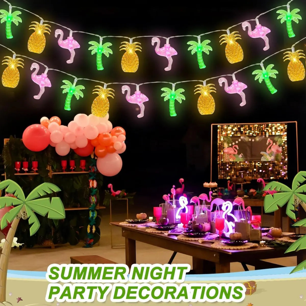 1PC 10/20 LED Flamingo Pineapple Palm Tree String Lights Battery Operated Tropical Beach Hawaiian Fairy Atmosphere Lights
