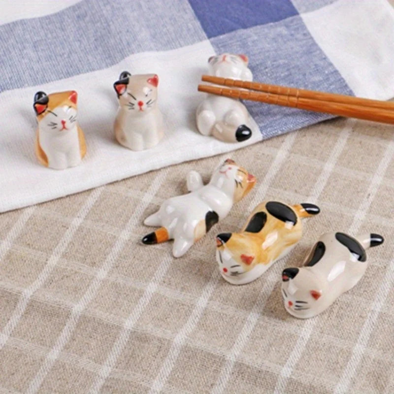 Set of 6 Ceramic Cat-inspired Utensil Rests and Cartoon Pen Holder Kitchen Cutlery TraySpoon Rest Chopstick Pillow