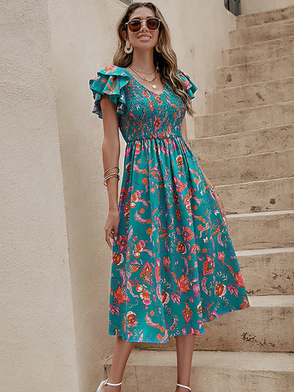 Summer Floral Print Midi Dress Women Fashion Slim Ruffle Sleeve Beach Dress Casual Elegant Green A-line New In Dresses