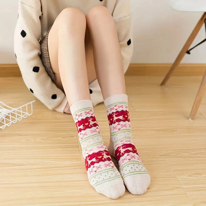 5/10 Pairs Deer Patterned Women Printed Thick Socks Suitable For Warm Soft Comfortable Christmas Stockings Autumn Winter Socks