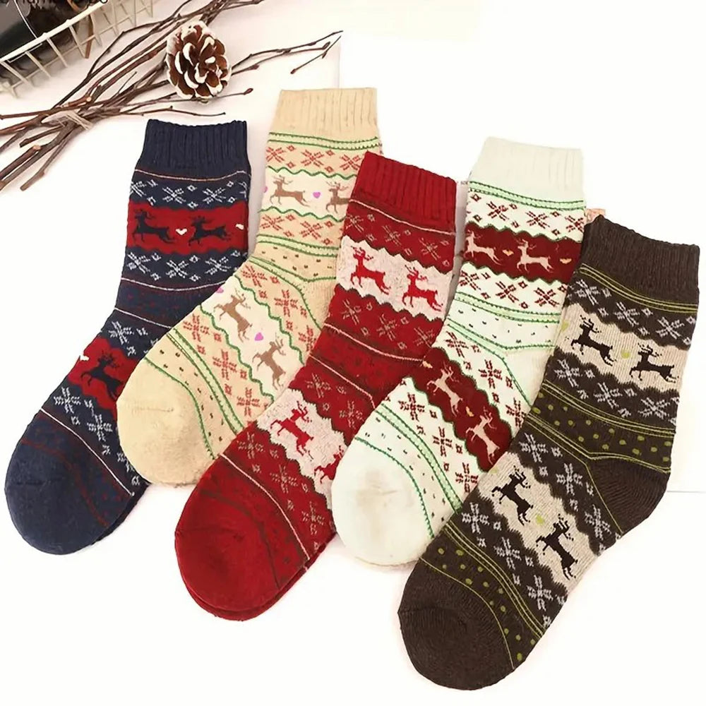 5/10 Pairs Deer Patterned Women Printed Thick Socks Suitable For Warm Soft Comfortable Christmas Stockings Autumn Winter Socks