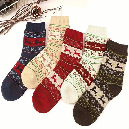 5/10 Pairs Deer Patterned Women Printed Thick Socks Suitable For Warm Soft Comfortable Christmas Stockings Autumn Winter Socks