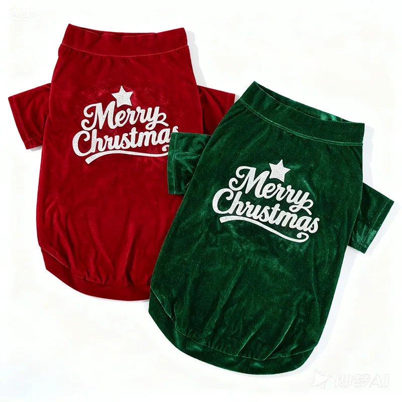 Christmas Velvet Dog Sweatshirt, “Merry Christmas” Print, Warm Soft Pullover, Red/Green, Sizes S–6XL for Small to Large Dogs