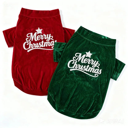 Christmas Velvet Dog Sweatshirt, “Merry Christmas” Print, Warm Soft Pullover, Red/Green, Sizes S–6XL for Small to Large Dogs