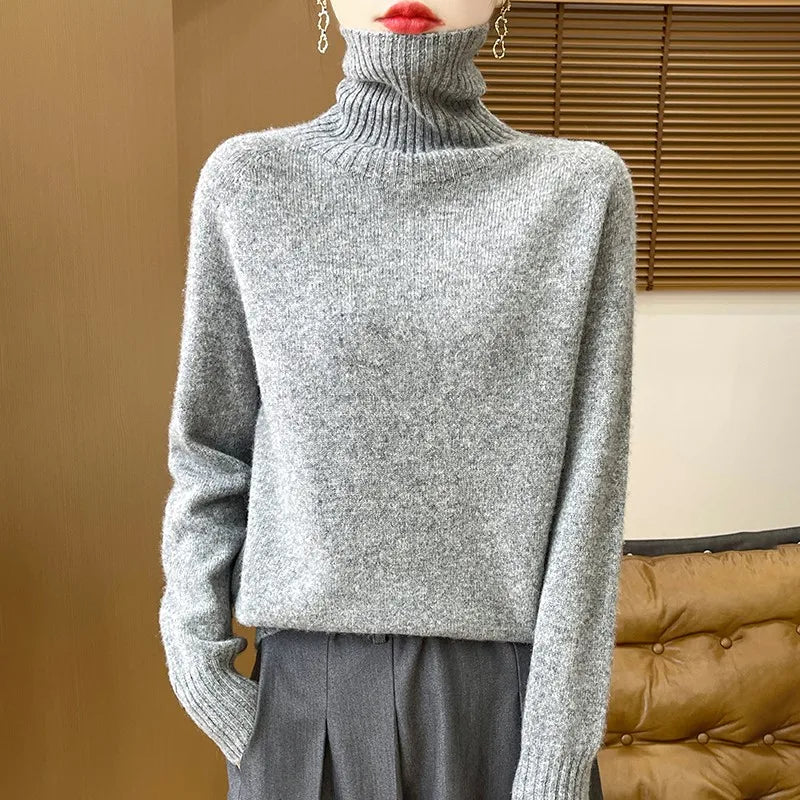 Women's Clothing New Fashion Autumn And Winter Merino Wool Pullover Solid Color Long Sleeve Basic Thermal Top 100% Wool Sweater