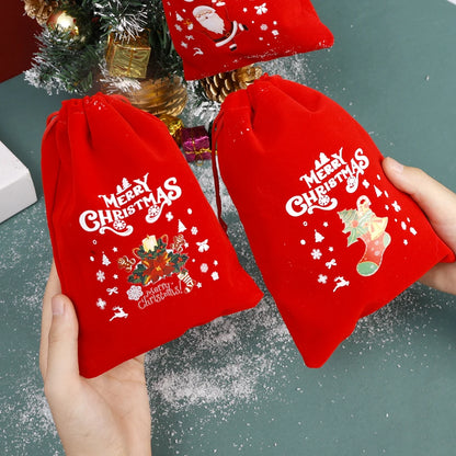 20/1Pcs Red Christmas Velvet Bags Drawstring Santa Gift Pouch Candy Snack Wrapping Bag Christmas Wedding Party Favors Decoration