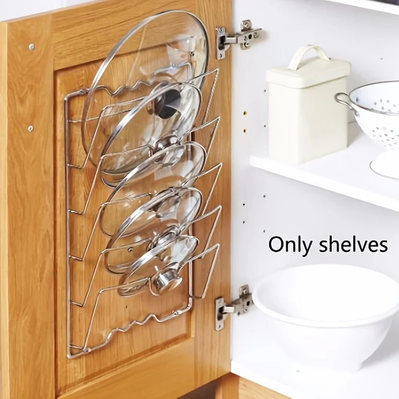 Wall-Mounted Pot Lid Organizer Rack – Multi-Tier Metal Storage for Kitchen