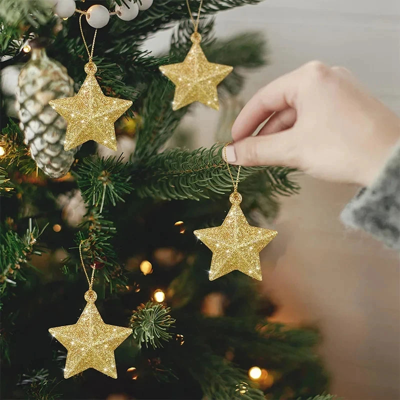 Gold Glitter Star Ornaments Christmas Tree Hanging Pendant 2025 Christmas Decorations for Home Navidad New Year Party DIY Gift