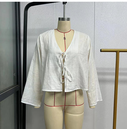 Spring 2025 V-Neck Lace-Up Linen Blouse – Casual Loose Fit