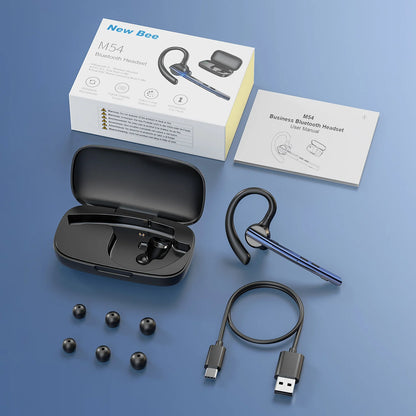 New Bee M54 Bluetooth Headset Wireless Headphone Noise Cancelling Earpiece Dual-Mic Mute Handsfree Earphones for Driver Office