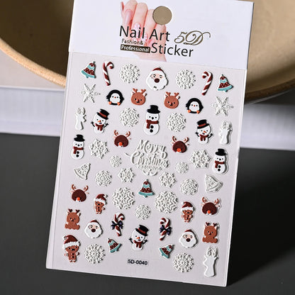 Cute Deer Christmas Nail Stickers 5D Embossed Elk Star Gingerbread Man Snowflake Santa Claus Holly DIY Winter Engraved Manicure*