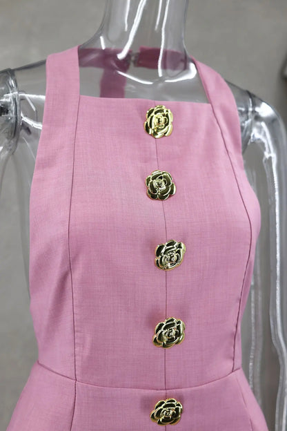 Chic Pink Halter Mini Dress – Backless, Sleeveless, Gold Button | Summer Party Dress 2025