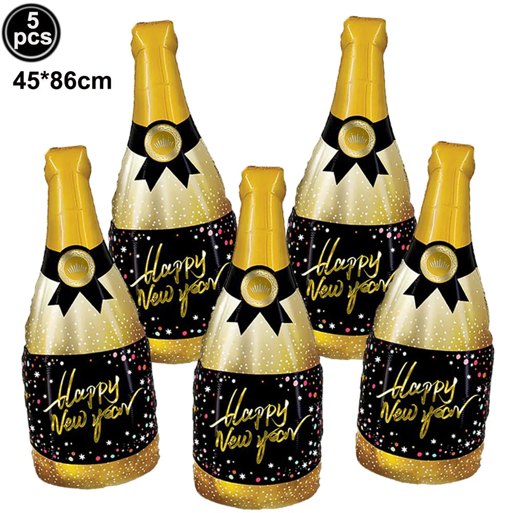 2026 New Years Eve Decoration Happy New Years Star Champagne Cups Wine Bottle Foil Balloons Happy New Years Eve Party Supplies