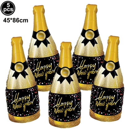 2026 New Years Eve Decoration Happy New Years Star Champagne Cups Wine Bottle Foil Balloons Happy New Years Eve Party Supplies