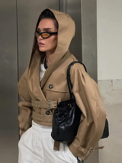 Double-Buckled Belted Hooded Trench Coat Oversized Long Sleeve Maxi 2025 Autumn Edgy Women Outerwear Fashion Trendy Lady Jacket